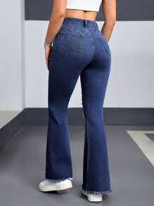 SHEIN EZwear 女式前扣口袋做旧毛边下摆休闲牛仔裤 - 深色水洗藍 - 查看 2