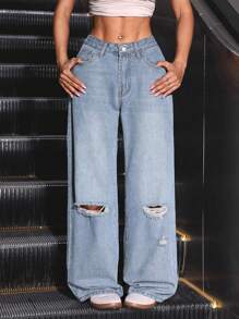 SHEIN PETITE Women's Loose Straight Leg Ripped Pocket Denim Jeans, Casual & Versatile - Light Wash - View 5