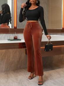 SHEIN Lady 女式纯色系带喇叭裤