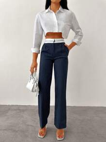 EURMUSE Striped Print Slant Pocket Straight Leg Suit Pants - Navy Blue - View 4