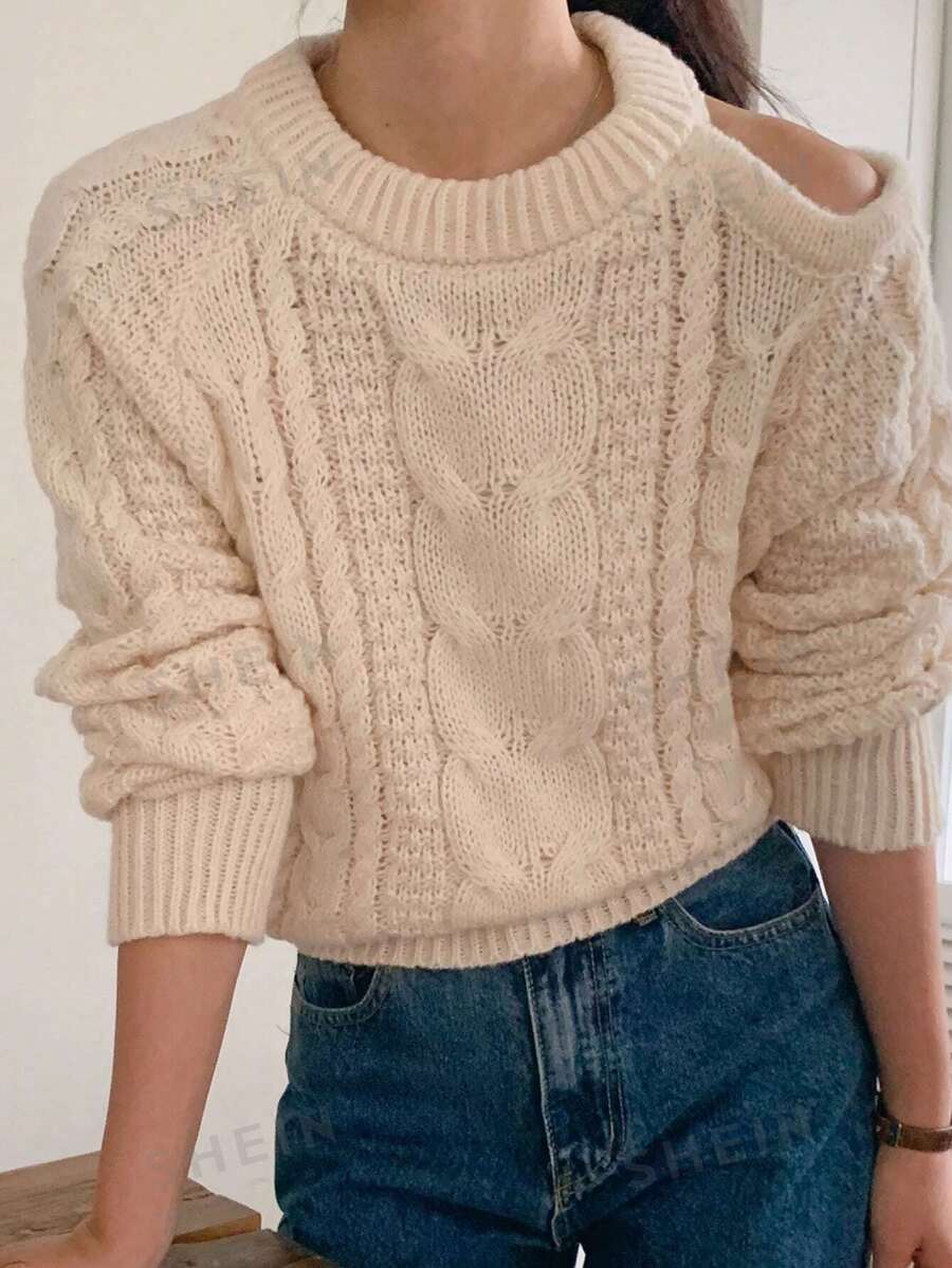 DAZY Suéter de mujer de cuello redondo con hombros abiertos y punto de canalé para otoño