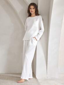 Ocili Leisure Women's Solid Color Drop Shoulder Long Sleeve Pocket Shirt And Pants Loungewear Set - White - View 5