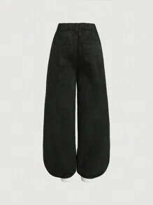 SHEIN Girlism Tween 女童 Y2K 时尚纯色水洗蝴蝶结牛仔裤刺绣蝴蝶结宽松牛仔直筒牛仔裤，Tween 女童秋装返校街头装 - 黑色 - 查看 2