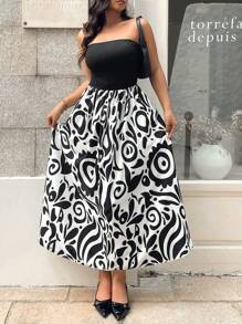 Flirla Plus Size Solid Color Patchwork Dress, Casual Holiday - Black - View 2
