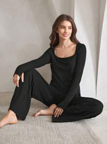 Ocili 2 件套柔软长袖上衣和裤子带拇指孔家居服套装 - 黑色 - 查看 4