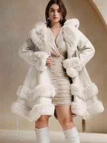 Anewsta Plus Size Solid Color Thick Fluffy Trim Fluffy Fuzzy Cinched Waist Jacket, For Winter Fall Autumn