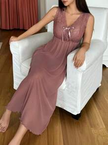 DAZY Váy ngủ lưới ren tương phản gợi cảm cho nữ có nơ trang trí - Bụi hồng - Xem 1