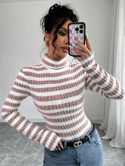 Everyssa Women's Early Autumn High Collar Fleecy Ribbed Long Sleeve T-Shirt Graphic Tees Women Tops