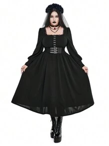 Whyspr 暗黑朋克哥特式中世纪复古暗黑哥特式巴洛克宫廷风格泡泡袖复古金属装饰纽扣腰部喇叭裙长款哥特女装 - 黑色 - 查看 1