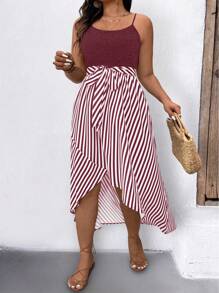 SHEIN LUNE Plus Size Casual Striped Patchwork Spaghetti Strap Dress - Burgundy - View 3