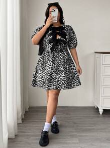 SHEIN EZwear 大码夏季休闲泡泡袖豹纹蝴蝶结腰连衣裙 - 灰色 - 查看 3