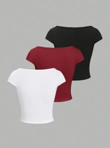 Sweetra Áo thun nữ tay ngắn đơn giản màu trơn - Nhiều màu - Xem 2