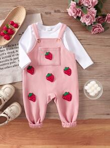 SHEIN Set de ropa de otoño/invierno para bebé niña con patrón 3D de fresa, 2 piezas