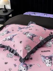 HELLO KITTY AND FRIENDS | SHEIN Cartoon Kuromi Print Contrast Ruffle Trim Bedding Set - Baby Pink - View 6