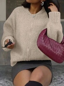 INAWLY 女士纯色前拉链长袖休闲衬衫、长袖上衣 - 杏色 - 查看 4