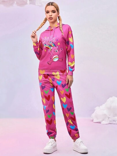 SHEIN X Care Bears Designer Cartoon Bear Heart Printed Drop Shoulder Drawstring Hoodie Sweatshirt And Sweatpants Set, Holiday, Thanksgiving, Festival