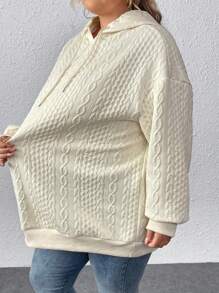 SHEIN CURVE+ Curve Plus Cable Knit Drop Shoulder Drawstring Hoodie - Apricot - View 6