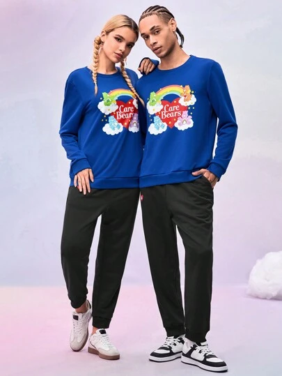 SHEIN X Care Bears Unisex 1pc Casual Cartoon Bear & Rainbow Print Sweatshirt And 1pc Jogger Sweatpants Set