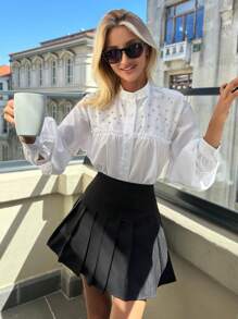 EURMUSE 100%Cotton Diamond Decorated Lantern Sleeve Shirt With Stand Collar - White - View 6