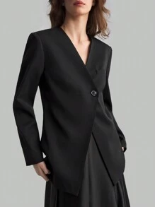 Ontre Áo khoác Blazer dáng ôm cổ chữ V màu đen thanh lịch mùa xuân mới 2025 cho nữ - màu đen - Xem 3