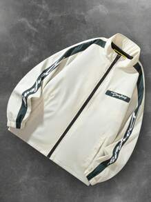 Manfinity EMRG Men's Casual Letter Print Rave Long Sleeve Jacket, Spring And Autumn Going Out Color Block Lightweight Jacket, For Friends, Husband, Boyfriend Gifts, For Fall