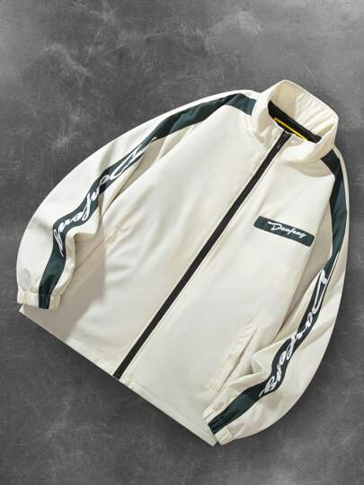 Manfinity EMRG 男士休闲字母印花长袖夹克，春秋季外出拼色轻便夹克，适合朋友、丈夫、男朋友的礼物，适合秋季