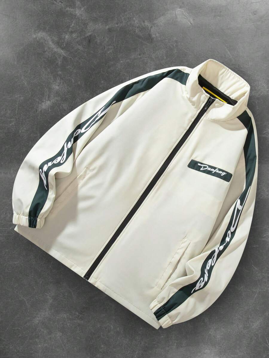 Manfinity EMRG Men's Casual Letter Print Rave Long Sleeve Jacket, Spring And Autumn Going Out Color Block Lightweight Jacket, For Friends, Husband, Boyfriend Gifts, For Fall