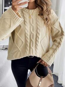Chiquease Women's Long Sleeve Crew Neck Winter Casual Wear Tops, Knit Pullover Fall - Apricot - View 4