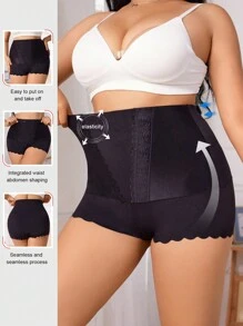 Plus Size Black High Waisted Scallop Trim Shapewear Shorts For Women Casual Comfy Stretch Fabric Underwear