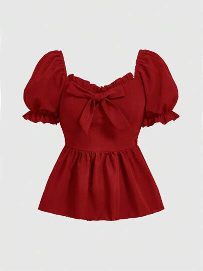 Kawaii Blusa estilo muñeca con mangas abullonadas y lazo, blusa de manga corta