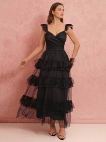 Enchnt Romantic Fall  Elegant Black Ruffle Hem Long Mesh Dress, Date Night Princess Dress For Party,Cocktail And Prom - Black - View 6