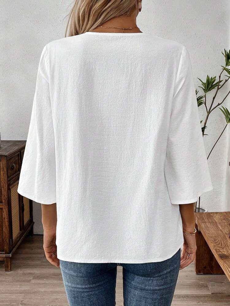 Fall Women Clothes Women's Solid Color V-Neck Long Sleeve Simple Casual Blouse, Three Quarter Sleeve Tops