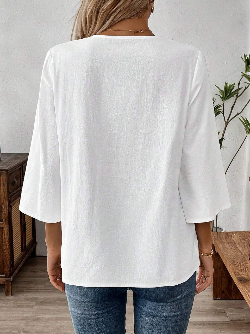 Fall Women Clothes Women's Solid Color V-Neck Long Sleeve Simple Casual Blouse, Three Quarter Sleeve Tops