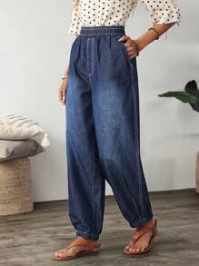 SHEIN LUNE Elastic Waist Casual Jeans With Pockets, Minimalist Design