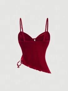 SHEIN MOD Red Asymmetric Hemline Cropped Camisole, Women Side-Tie Velvet Tank Top, Camisole, Back To School Season Top, Vintage Sexy,Cute Tops
