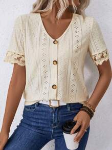 SHEIN LUNE Women's Lace Patchwork V-Neck Short Sleeve Casual T-Shirt