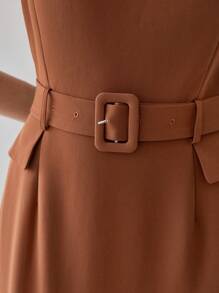 MOTF PREMIUM SOLID FLAP DETAIL BUCKLE BELTED MIDI DRESS