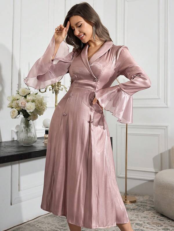 Modelyn Women's Solid Color Long Sleeve Ruffle Hem Dress