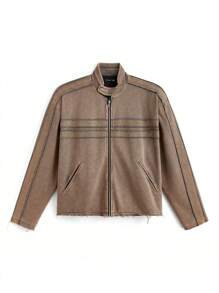 Manfinity VCAY 男士街头风格针织插肩袖撞色拉链立领赛车夹克，适合秋冬季 - 黑色 - 查看 5