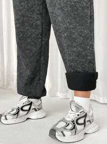 SHEIN EZwear 大码纯色休闲简约运动裤，秋冬季日常穿着 - 淺灰色 - 查看 3