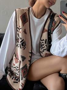 DAZY Women Fleece Fully Allover Print Geometric Pattern Coat, Thermal Lined Jacket Fall,Winter Vest - Beige - View 4