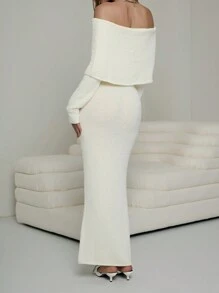 Chiquease Vestido de punto de manga larga elegante con hombros descubiertos de color liso