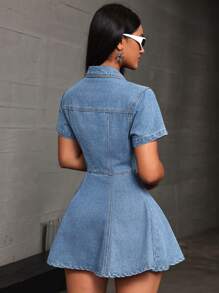 SHEIN EZwear Women's Collared Button-Front Short Sleeve Pocket Casual Denim Dress - Light Wash - View 5