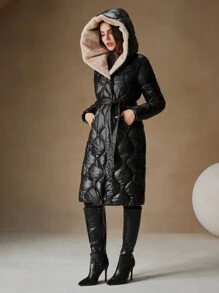 Anewsta 女士宽松葫芦形毛绒拼接长款羽绒服 - 黑色 - 查看 7