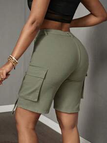 SHEIN Slayr 女士中腰工装口袋牛仔骑行裤 - 軍綠色 - 查看 2