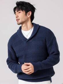Manfinity Homme Men Plain Minimalist Casual Long Sleeve Collar Sweater - Navy Blue - View 4