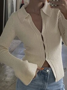 SHEIN Frenchy 女式长袖前开式舒适休闲毛衣，带纽扣环设计，秋季服装，秋季女装