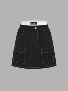 3pcs Tween Girls' Loose Casual Short Hollow Out Long Sleeve Top, Cami Top & Skirt Outfit With Fashionable Cargo Feel