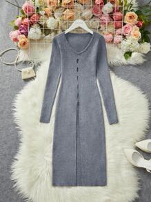 SHEIN Lady Women's Gray Split Hem Distressed Slim Fit Long Sleeve Sweater, Winter - Grey - View 3