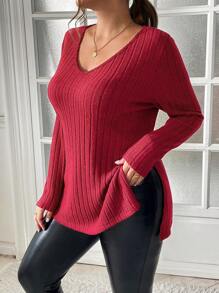 SHEIN Essnce 大码女式秋季休闲宽松舒适 V 领长袖红色 T 恤、秋季女装、圣诞女上衣、可爱上衣、红色上衣 - 紅色 - 查看 1